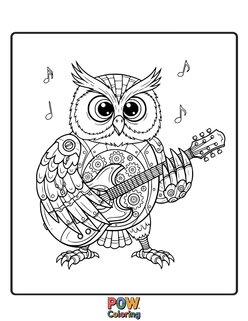 Free coloring page of An intricate mechanical owl perched on a guitar, with whirring gears and glowing eyes.