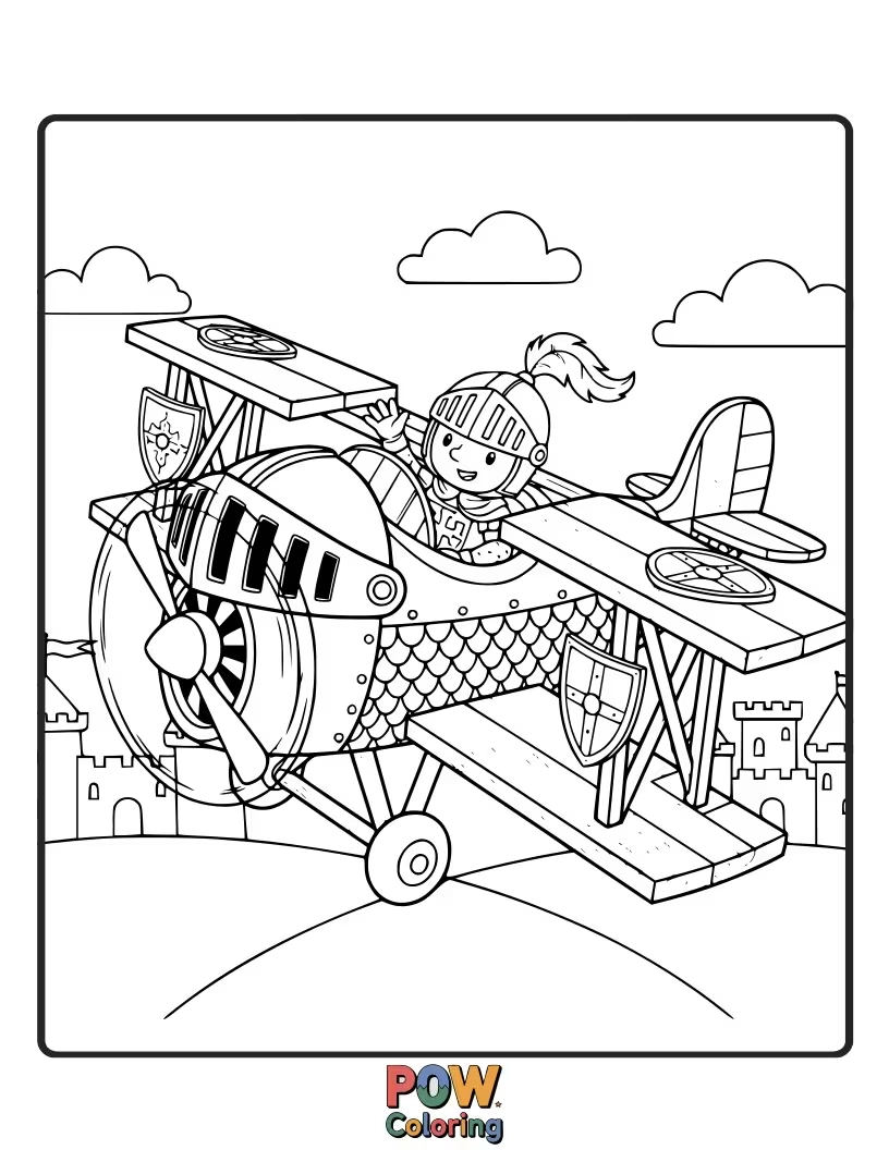 Free coloring page of A noble airplane dressed as a knight, with a shield on its side and a banner flying proudly.