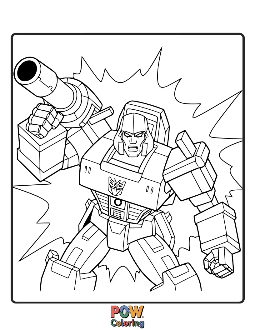 Free coloring page of The formidable Decepticon leader, Megatron, shown in a classic villainous pose, awaiting your coloring skills.