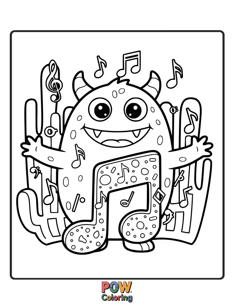 Free coloring page of A fluffy, friendly monster happily devouring a giant lollipop shaped like a treble clef. Playful and deliciously musical.