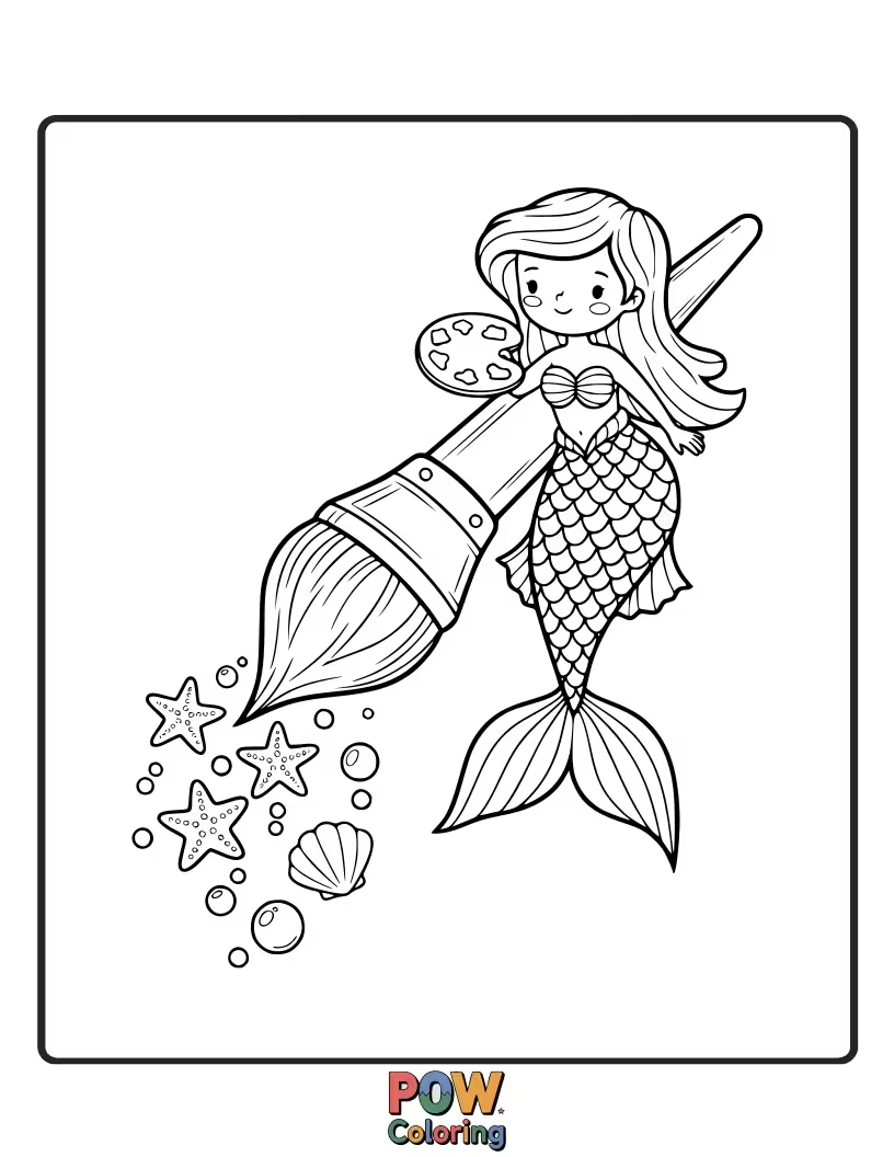 Free coloring page of A focused mermaid using a giant paintbrush made of a feather and a pearl to paint the ocean waves.