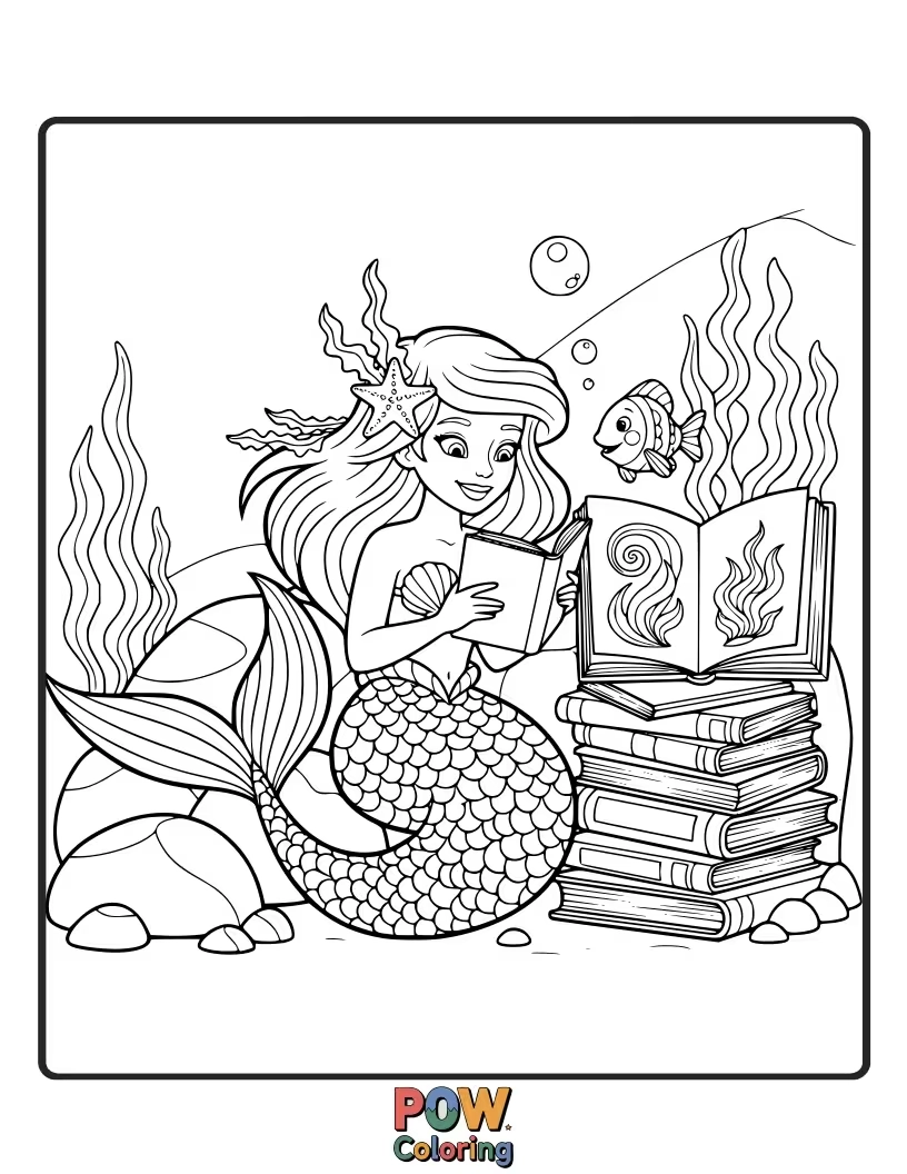 Free coloring page of A studious mermaid nestled in a coral library, reading a giant, enchanted seashell book filled with ancient sea lore.