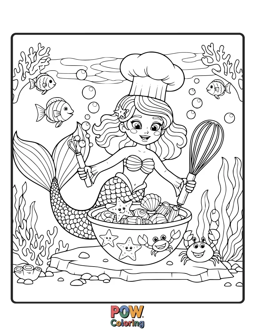 Free coloring page of A whimsical mermaid chef preparing a bubbling potion in a giant seashell cauldron, surrounded by colorful coral ingredients.