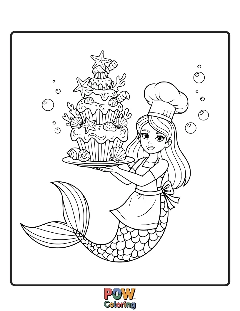 Free coloring page of A delighted mermaid decorating a magnificent coral cake with edible seaweed frosting and candied pearls.