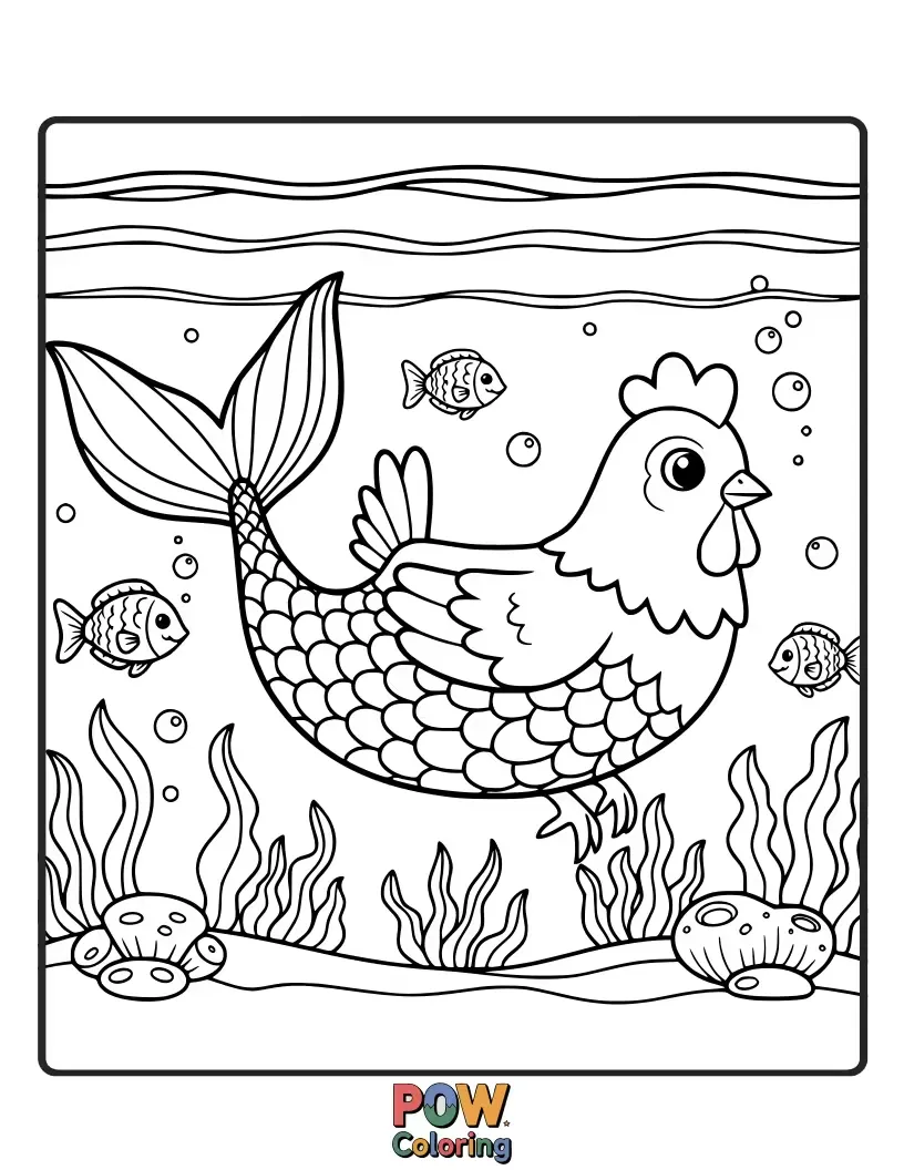 Free coloring page of A graceful chicken with a shimmering tail, swimming in a coral-filled ocean. Dive into a world of aquatic beauty.