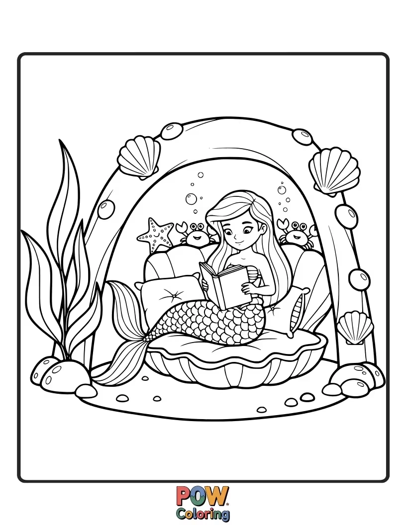 Free coloring page of A content mermaid curled up in a cozy den lined with soft moss and glowing fungi.