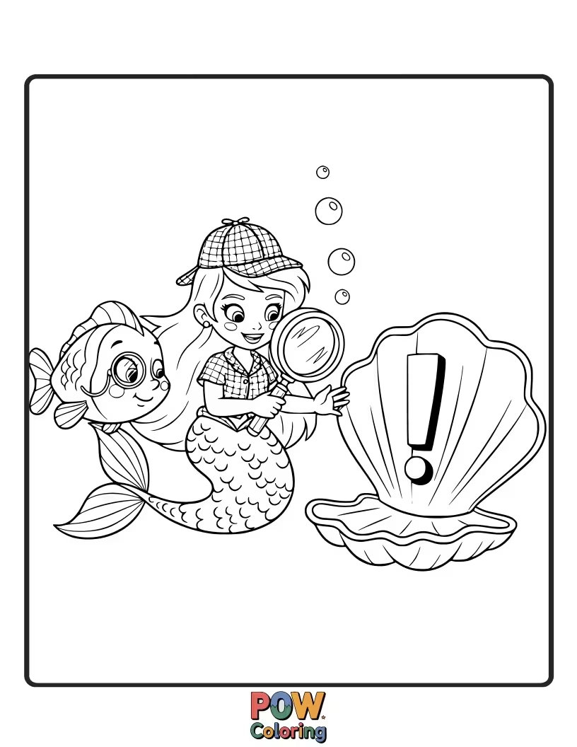 Free coloring page of A sharp mermaid detective examining a mysterious, shimmering pearl with a magnifying glass, searching for ocean secrets.