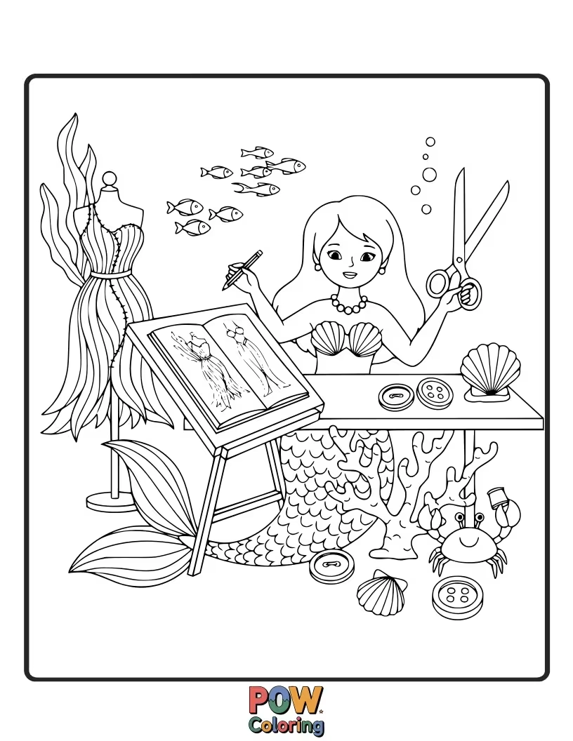 Free coloring page of A chic mermaid designing fabulous seashell dresses and kelp couture for her underwater fashion show.