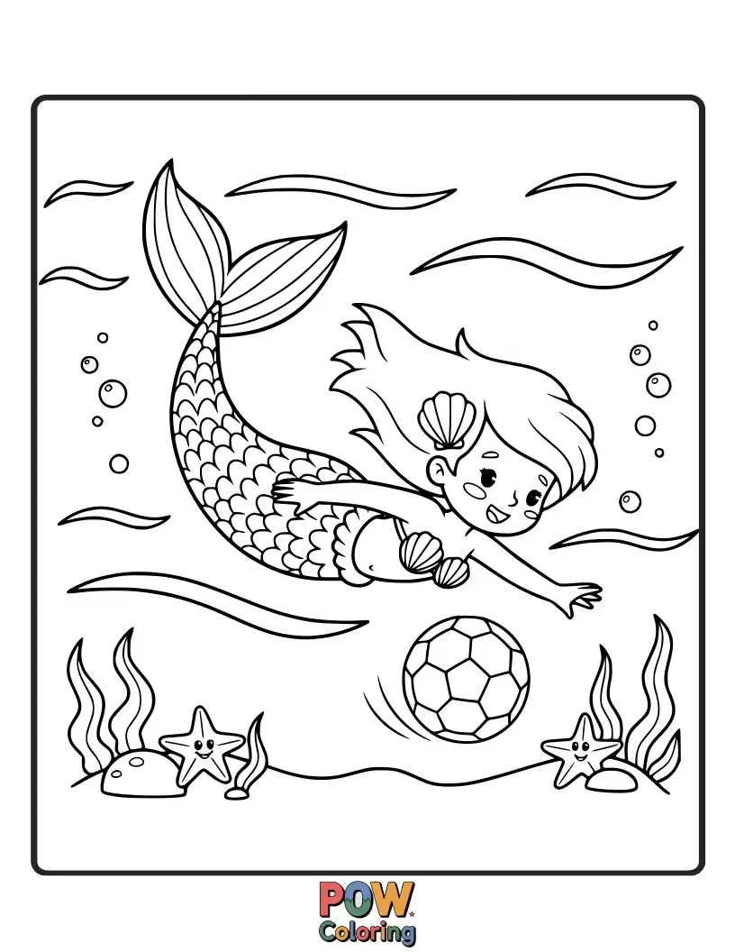 Free coloring page of A graceful mermaid with a football tail, swimming playfully in a bubbly ocean. Magical aquatic sports.