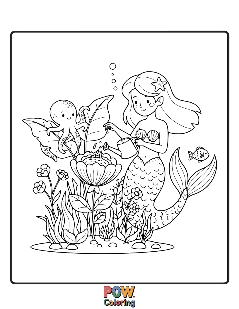 Free coloring page of A gentle mermaid tending to a garden of glowing anemones and luminous pearl flowers on the ocean floor.