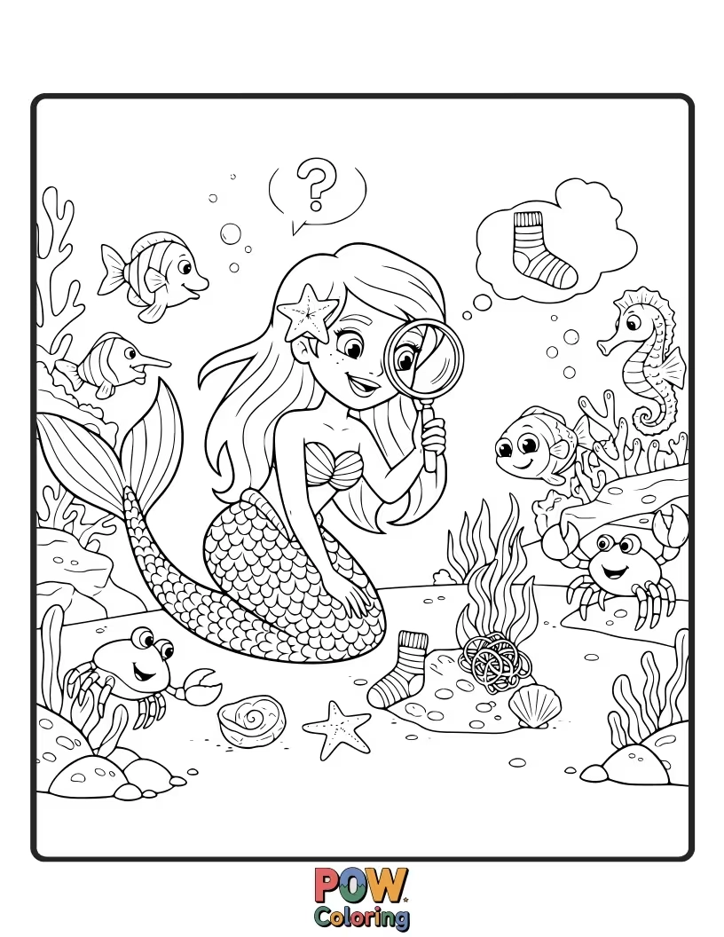 Free coloring page of A slightly bewildered mermaid searching for her missing sock amongst a pile of colorful starfish and shells.