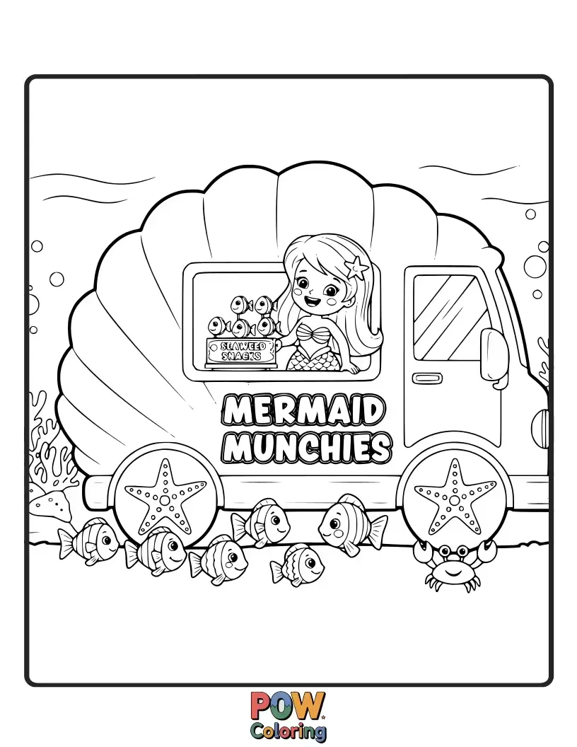 Free coloring page of A whimsical food truck with seashell accents and a mermaid tail, serving oceanic treats in a bubbly underwater scene.