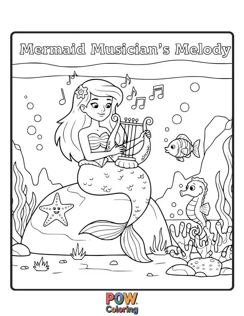 Free coloring page of A talented mermaid playing a harp made of conch shells, creating beautiful underwater melodies with bubbles for notes.