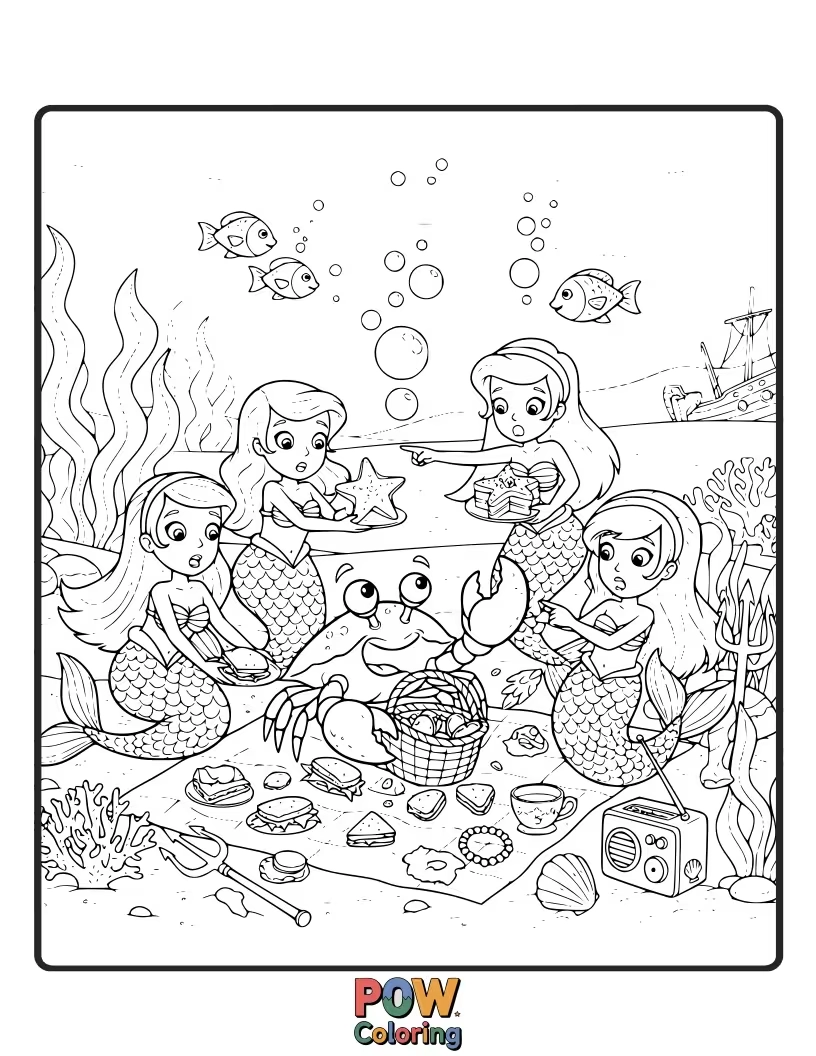 Free coloring page of A flustered mermaid trying to gather her scattered picnic items—floating sandwiches and bobbing fruit—blown away by a gust.
