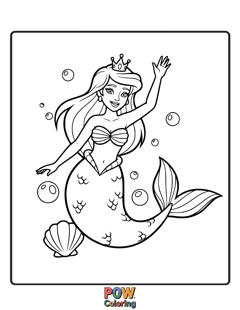 Free coloring page of A regal mermaid giving a majestic wave from her throne made of polished coral and pearls.