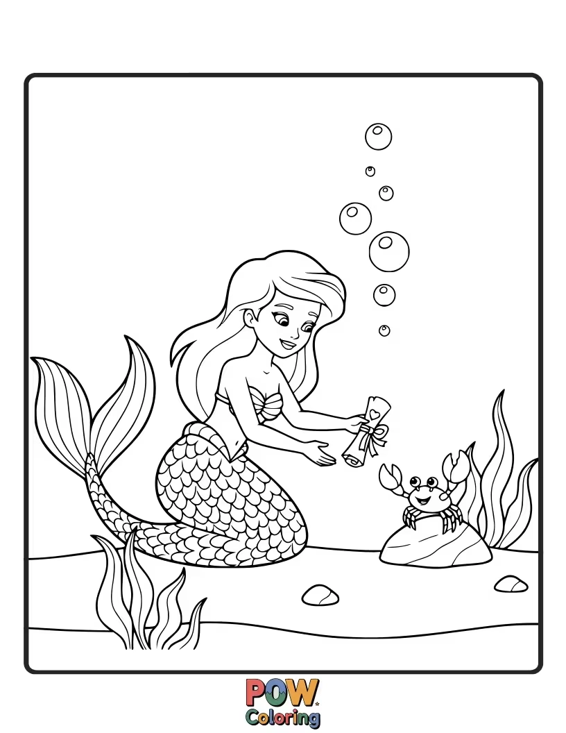 Free coloring page of A sneaky mermaid whispering a secret message into a clam shell, which will then float to its destination.