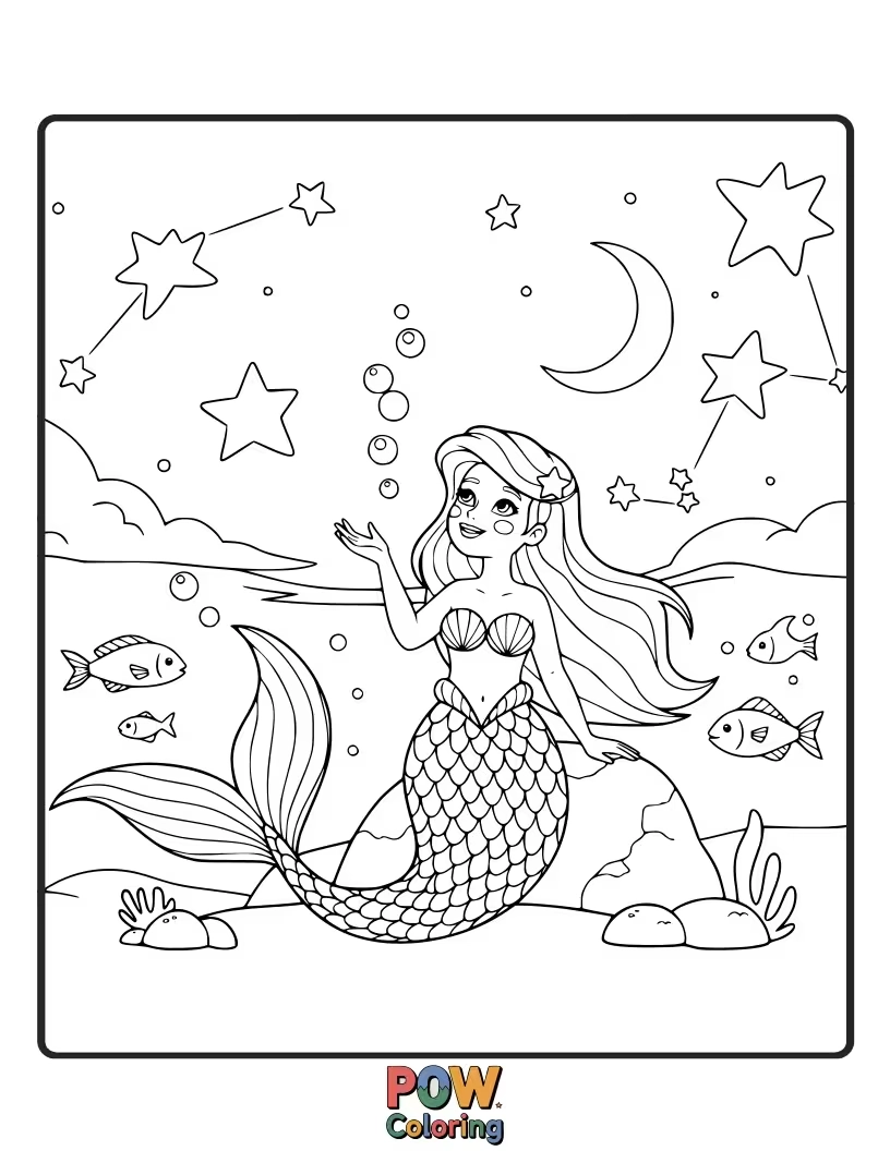 Free coloring page of A hopeful mermaid gazing at the stars through the water's surface, making a wish upon a shooting starfish.