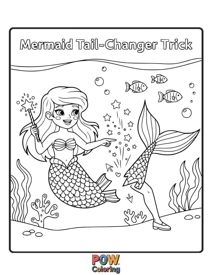 Free coloring page of A playful mermaid demonstrating her magical tail-changing ability, with different colorful tails swirling around her.