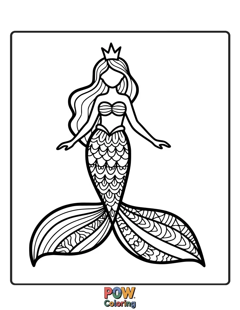 Free coloring page of A magical princess with a shimmering mermaid tail, swimming in the deep blue sea.