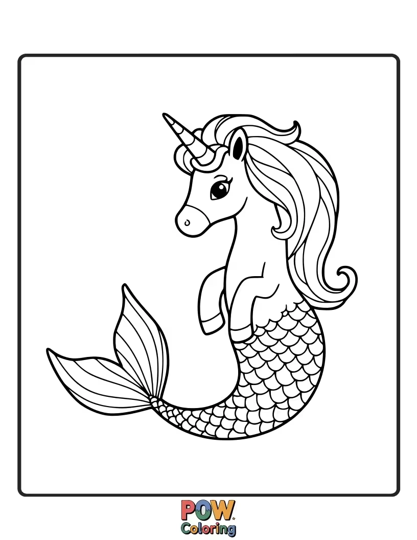 Free coloring page of Mythical creature that's half unicorn and half mermaid, with a shimmering tail.