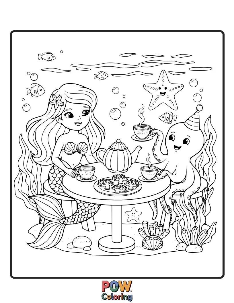 Free coloring page of A sophisticated mermaid hosting a dainty tea party on a giant mushroom cap, serving bubbly seaweed tea.