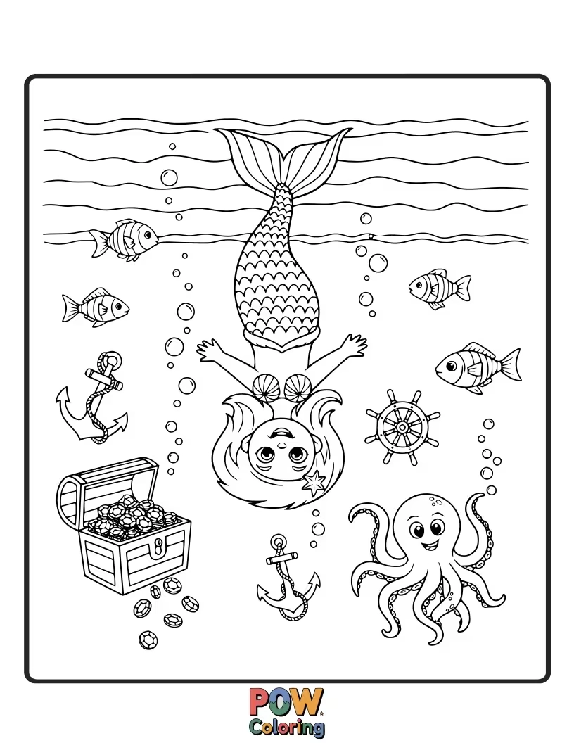Free coloring page of A playful mermaid swimming happily upside down, enjoying the unique perspective of the underwater realm.