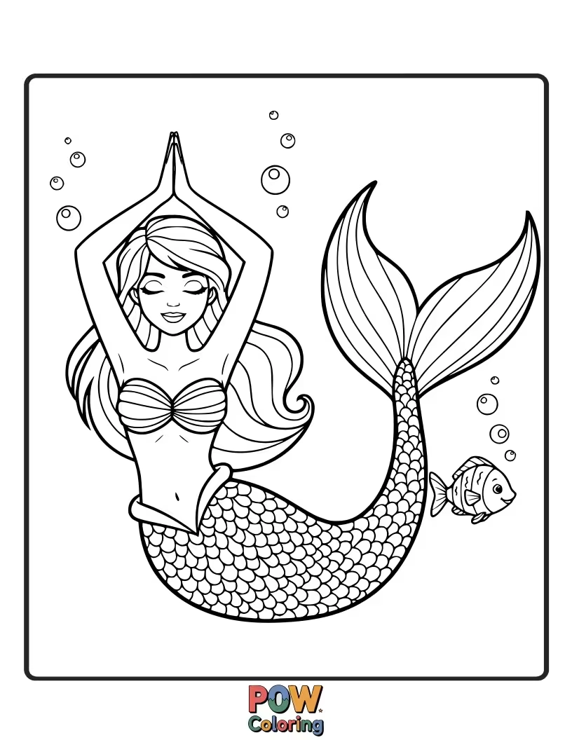 Free coloring page of A serene mermaid practicing a graceful yoga pose on a floating lily pad, radiating peaceful energy.