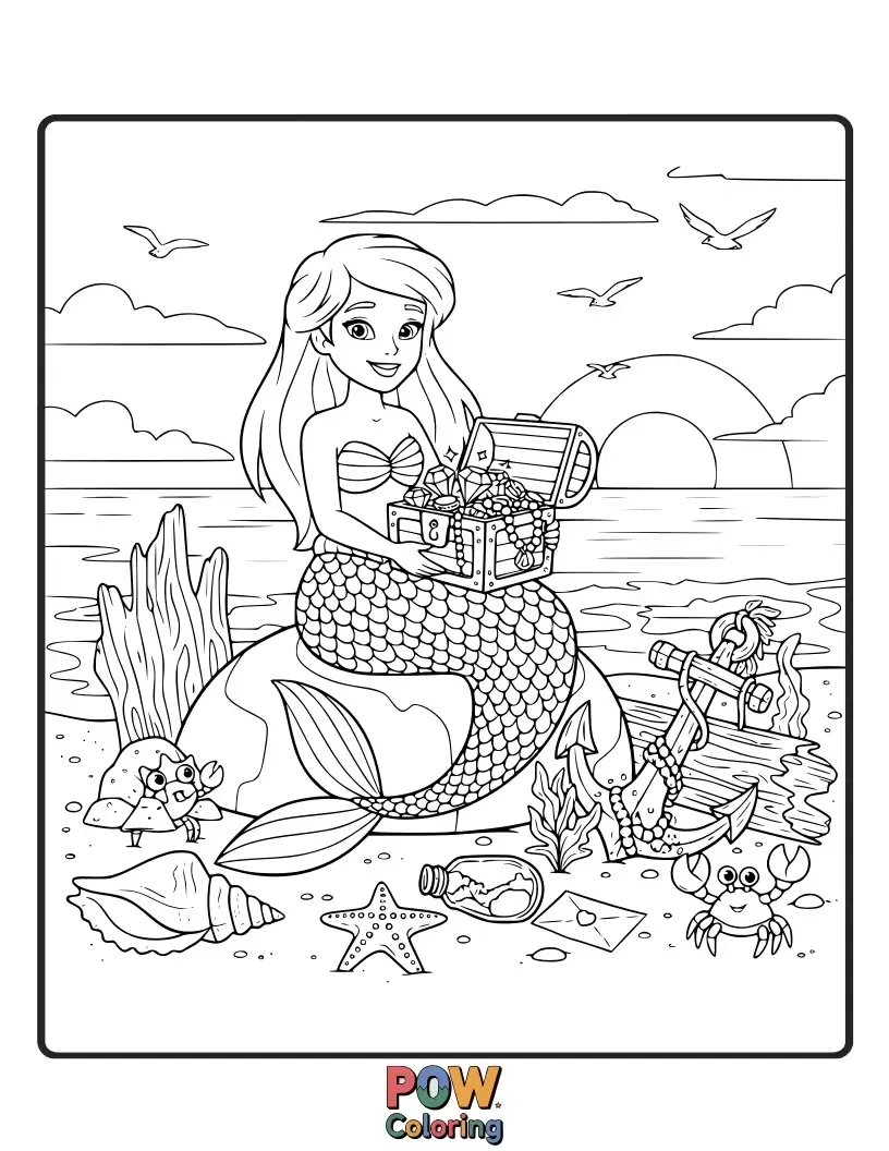Free coloring page of A beautiful mermaid resting on a rock, surrounded by shiny pearls, colorful shells, and shimmering seaweed.