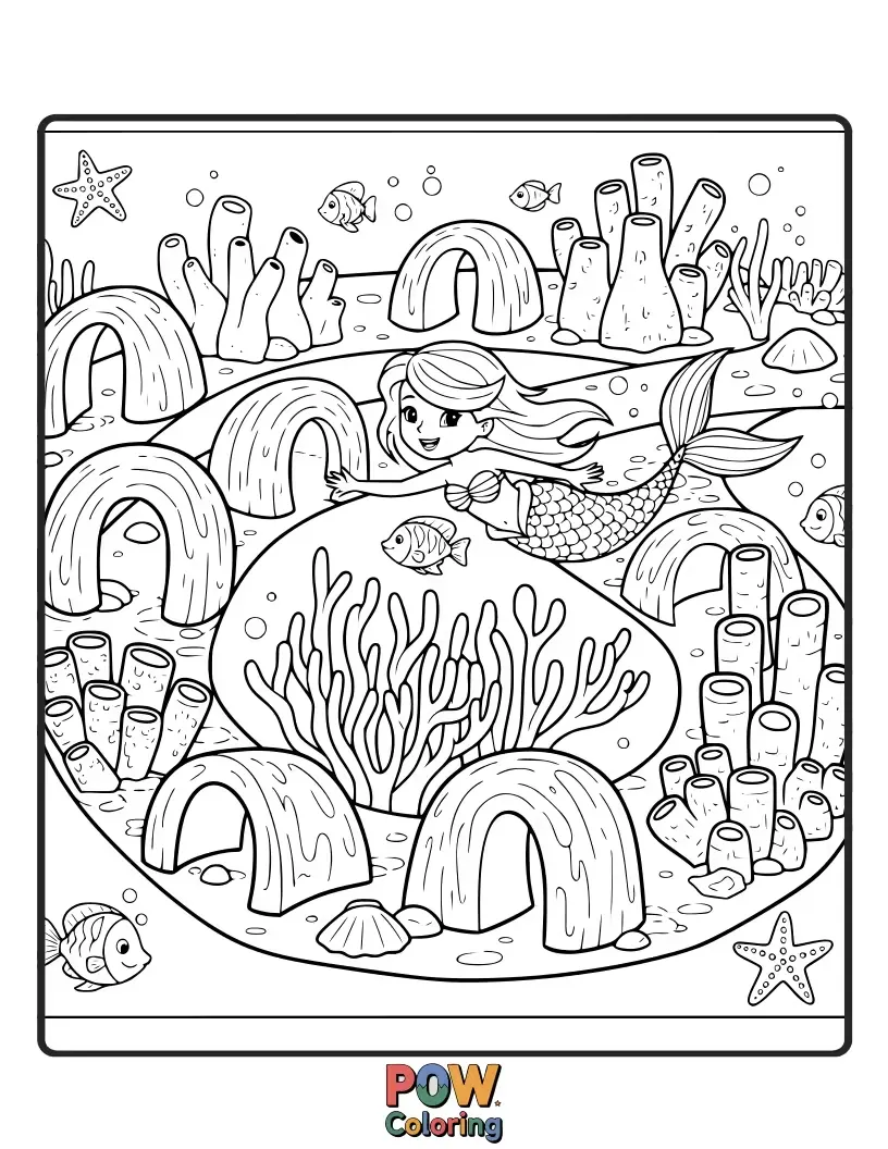 Free coloring page of A charming mermaid designing her own golf course using colorful coral and seashells.