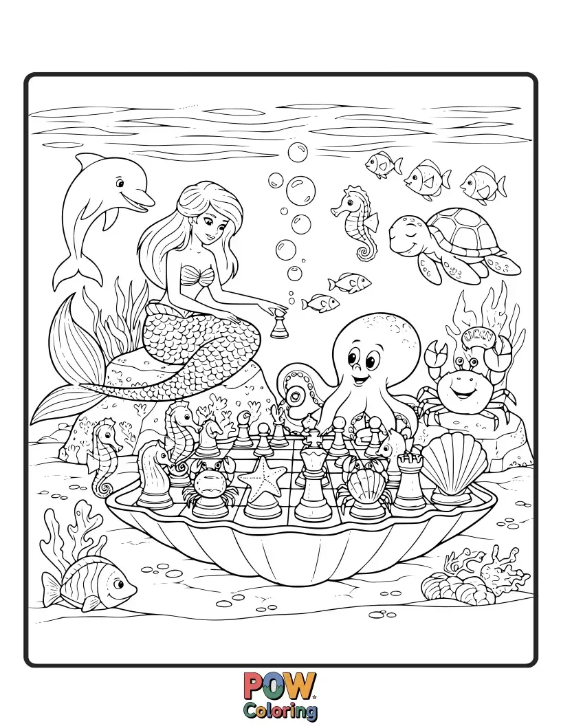 Free coloring page of A mermaid playing chess with a friendly octopus on a seabed board, surrounded by shimmering pearls.