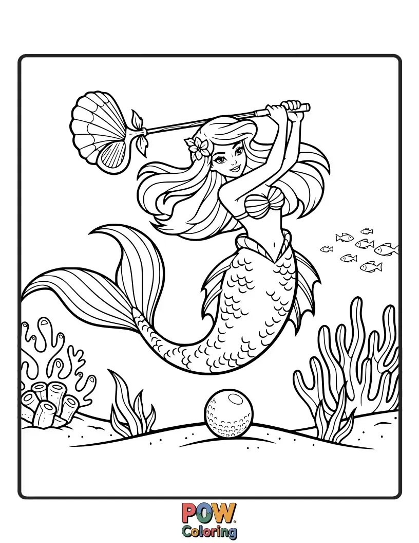 Free coloring page of A beautiful mermaid with a seashell bikini gracefully swinging a coral club in the ocean.