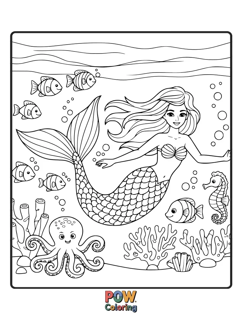 Free coloring page of A graceful mermaid performing aquatic exercises in a vibrant coral gym, using seashells as weights.