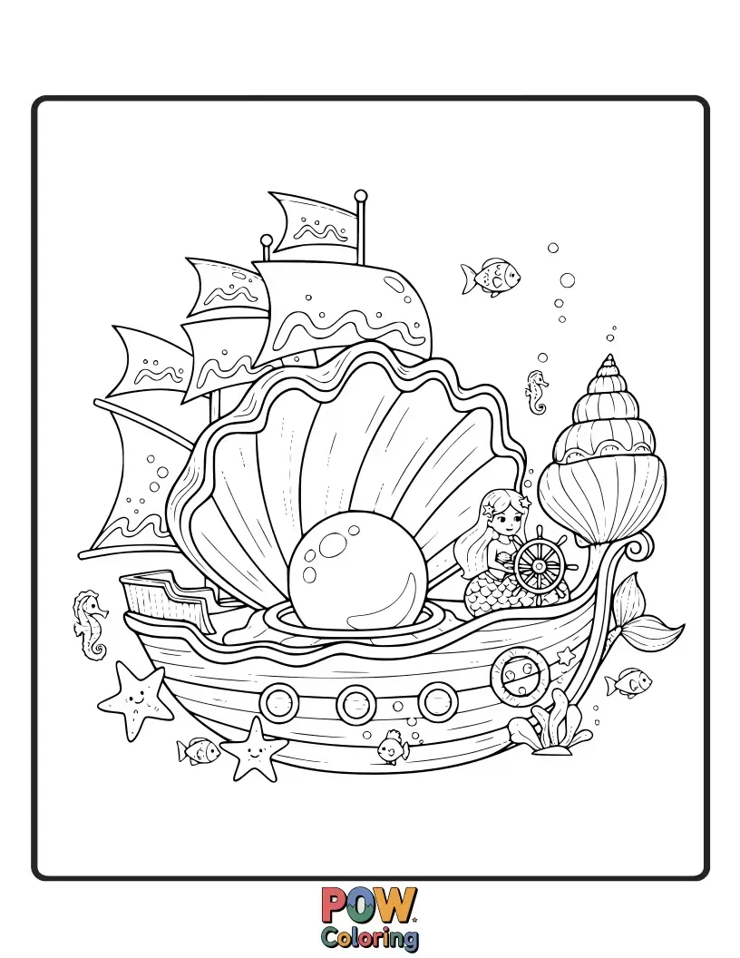 Free coloring page of A regal ship resembling a giant, iridescent pearl, guided by a benevolent mermaid through coral reefs and shimmering ocean depths.