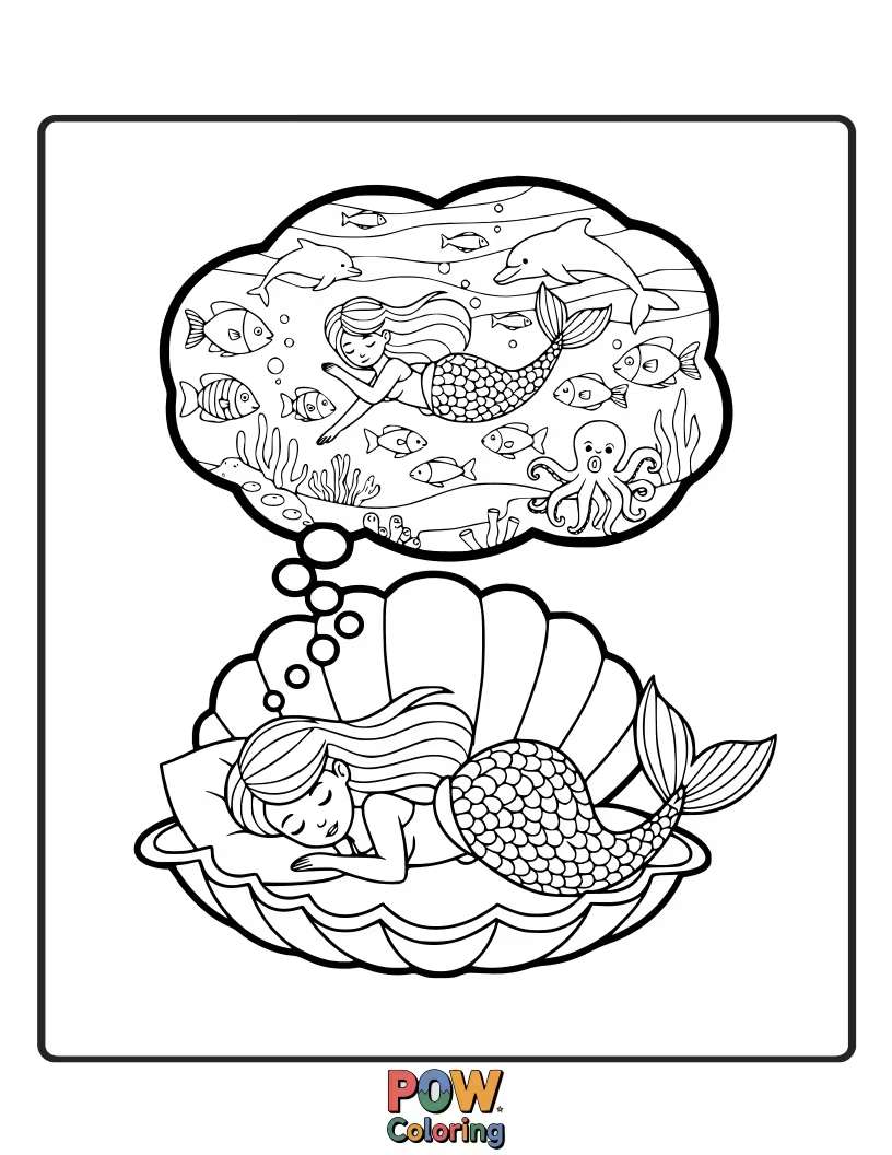 Free coloring page of A graceful mermaid with flowing hair swims through a coral reef, surrounded by friendly fish and sparkling underwater treasures.