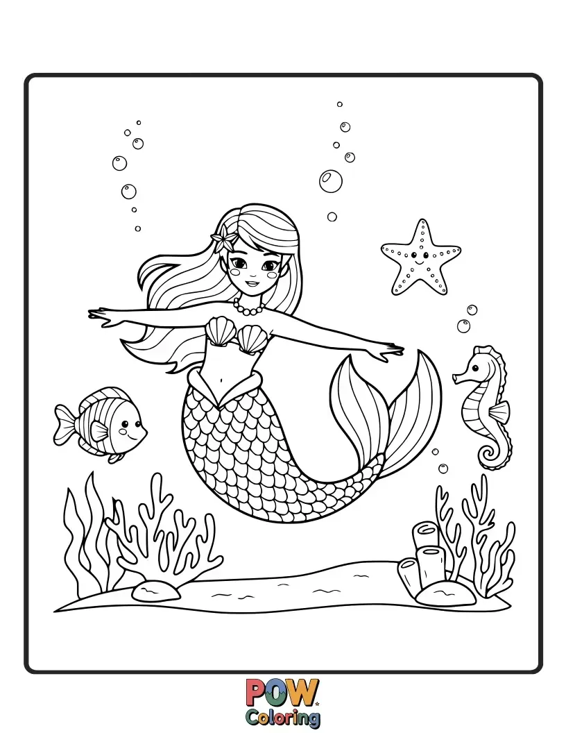 Free coloring page of A mermaid with a seashell tutu performs graceful leaps and turns beneath the ocean waves, surrounded by colorful fish. Aquatic artistry!