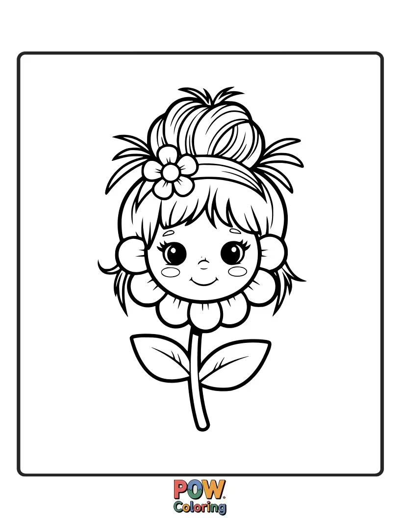 Free coloring page of A wonderfully messy bun with small, delicate flowers blossoming from it.