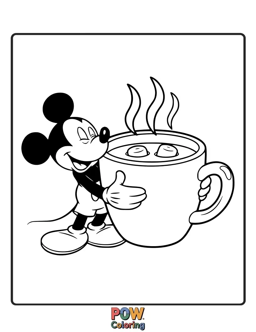 Free coloring page of Mickey Mouse warms up with a giant mug of steaming hot cocoa, looking cozy.