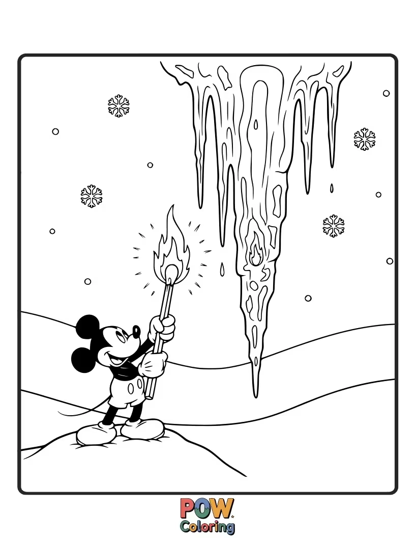 Free coloring page of Mickey Mouse tries to catch a sparkly icicle, a playful winter activity.