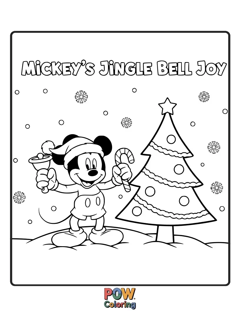 Free coloring page of Mickey Mouse rings a large, festive jingle bell, spreading Christmas merriment.