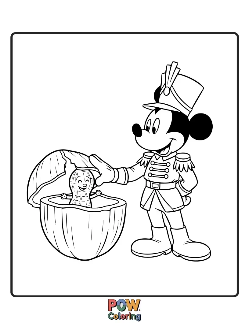 Free coloring page of Mickey Mouse playfully nudges a classic Nutcracker soldier, getting into the holiday spirit.