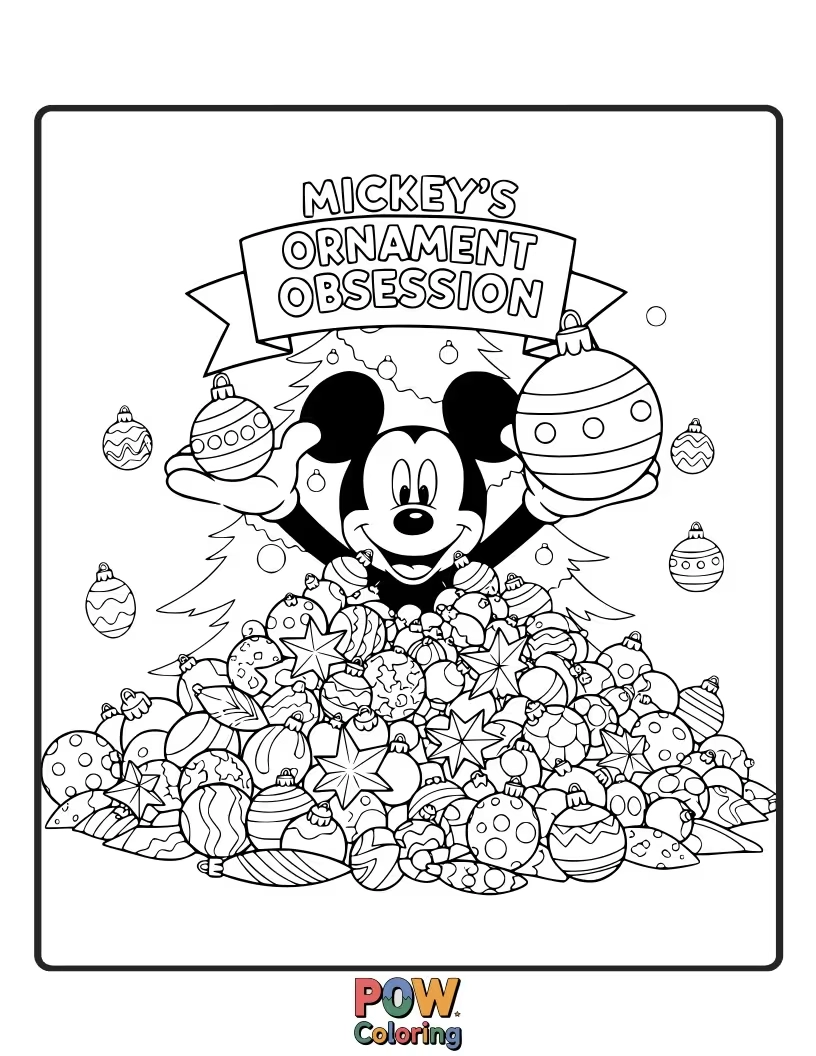 Free coloring page of Mickey Mouse is overwhelmed by a pile of colorful Christmas ornaments, ready to decorate.