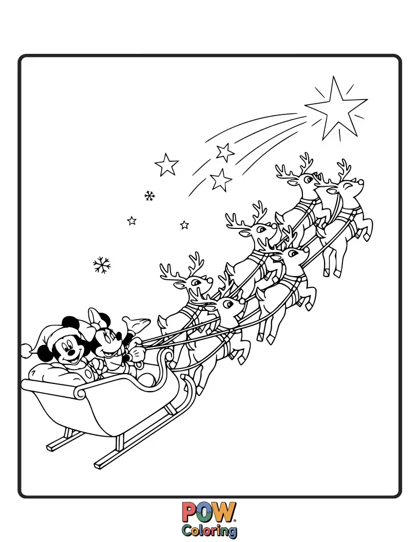 Free coloring page of Mickey Mouse pretends to be Santa, riding a festive reindeer through a starry night.
