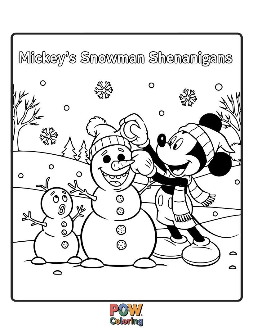 Free coloring page of Mickey Mouse builds a snowman with a tiny hat and scarf, struggling to balance it.