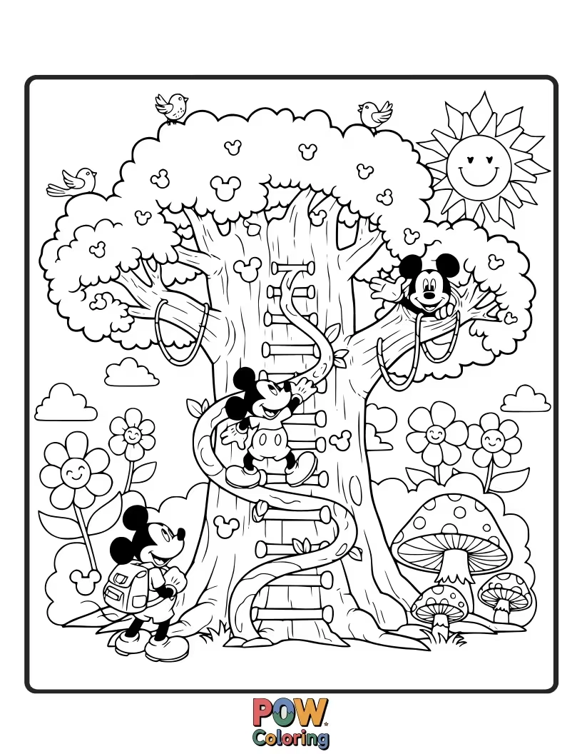 Free coloring page of Mickey Mouse happily searches for the perfect Christmas tree in a snowy forest.