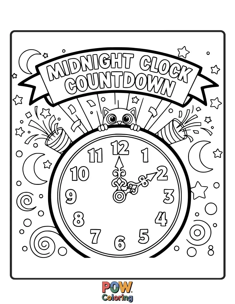 Free coloring page of A dramatic clock tower showing midnight approaching, with Cinderella looking back with urgency.