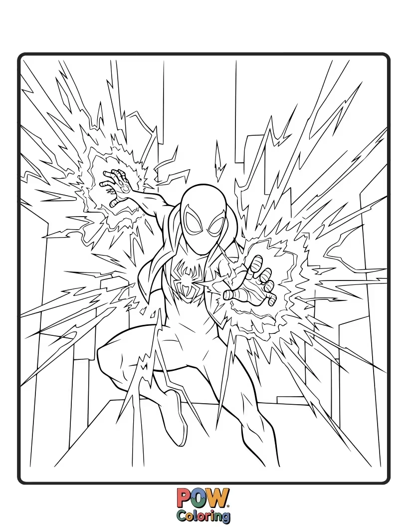Free coloring page of Miles Morales surrounded by a soft, glowing bio-electric aura, showcasing his unique powers.