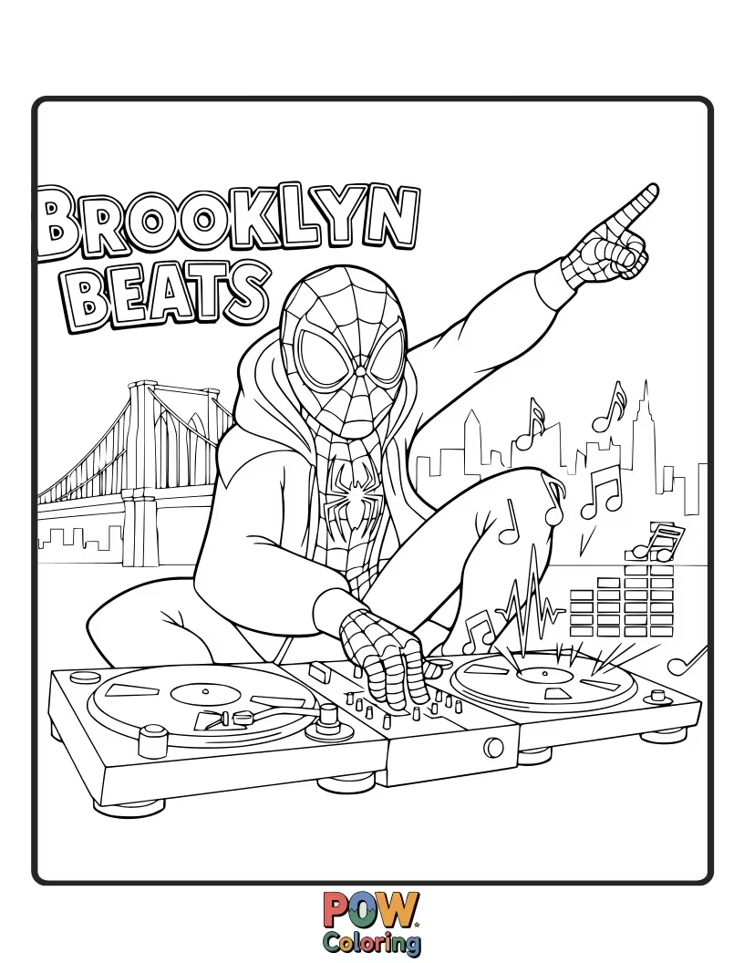 Free coloring page of Miles Morales listening to music on headphones, a boombox nearby, embodying the vibrant culture.