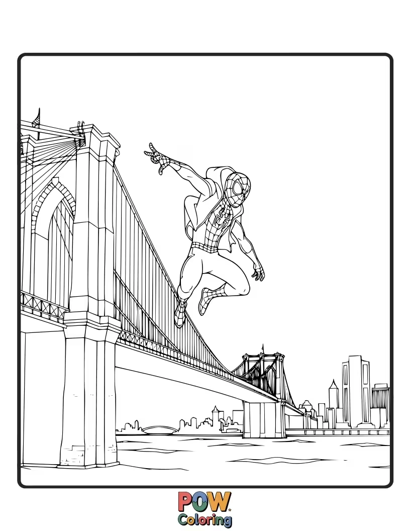 Free coloring page of Miles Morales leaping across the iconic Brooklyn Bridge, silhouetted against a setting sun.