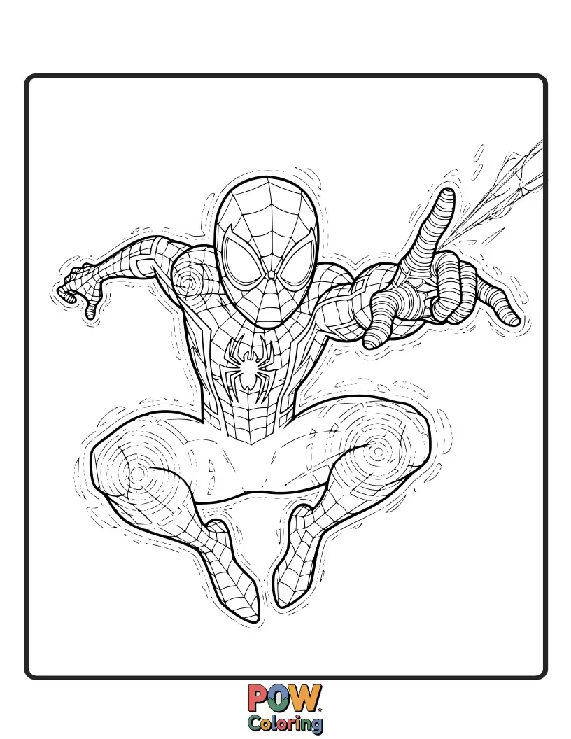 Free coloring page of Miles Morales blending into the background, his suit shimmering with camouflage patterns, a stealthy hero.