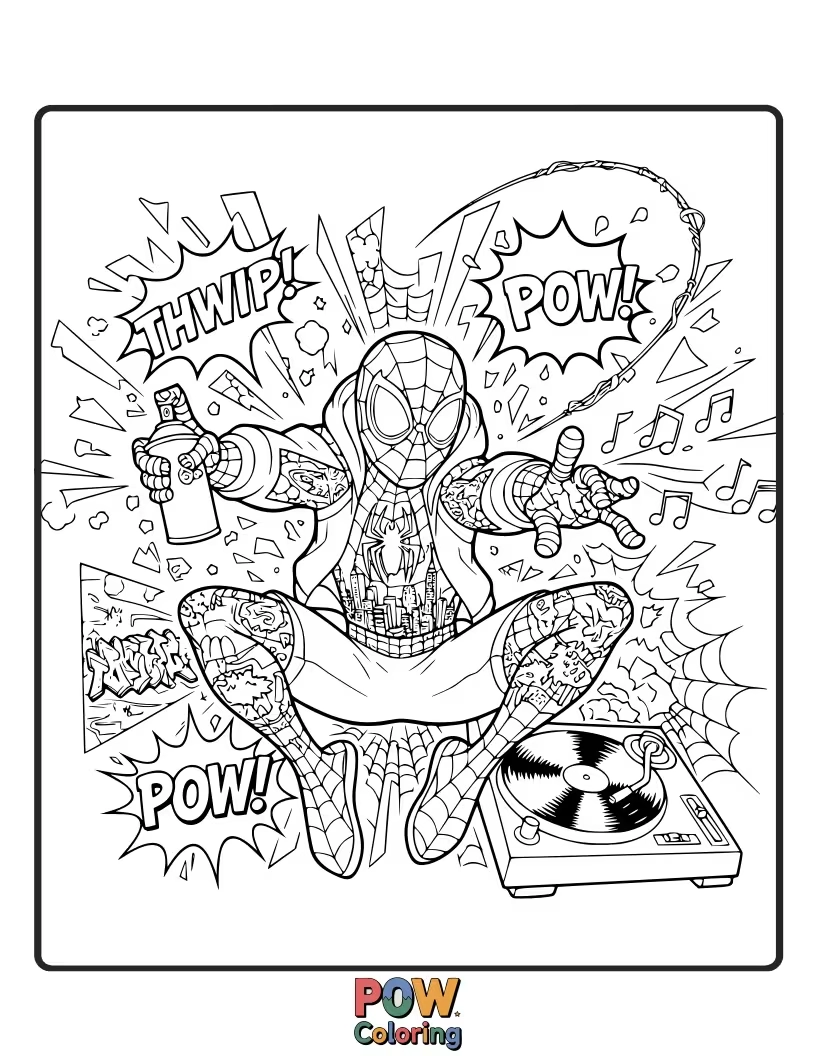 Free coloring page of Miles Morales depicted in various iconic poses and actions, creating a dynamic action collage.